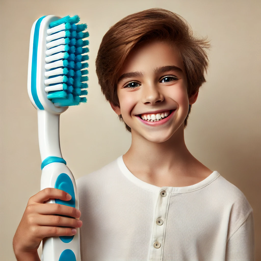 Boy with a giant toothbrush, symbolizing the importance of oral hygiene